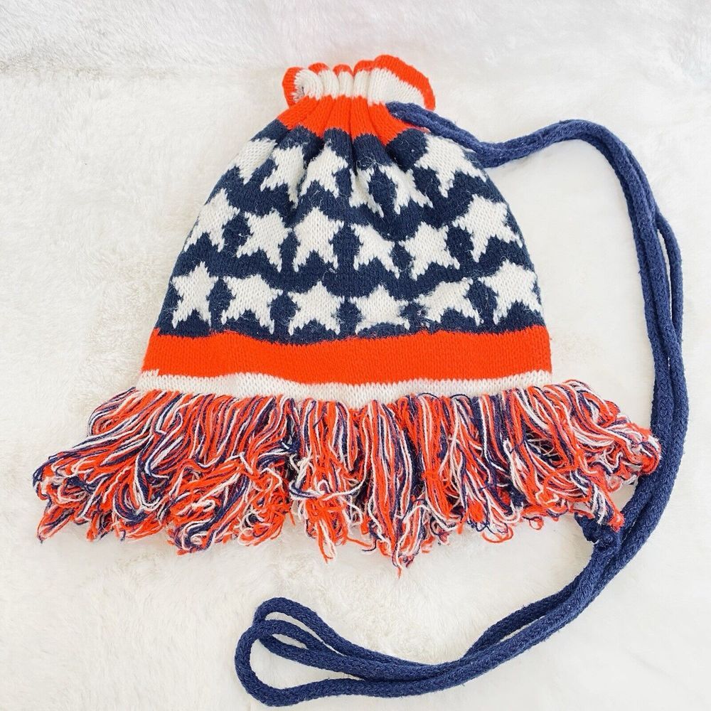 Vtg Retro American Flag 1970's Knitted Draw String bag with fringe USA Patriotic
